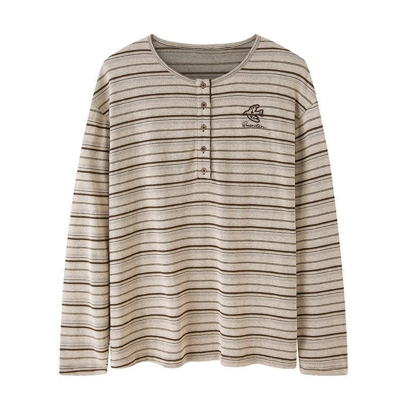DIDDI_MODA_Retro_Brown_Striped_Embroidered_Loose_Women&