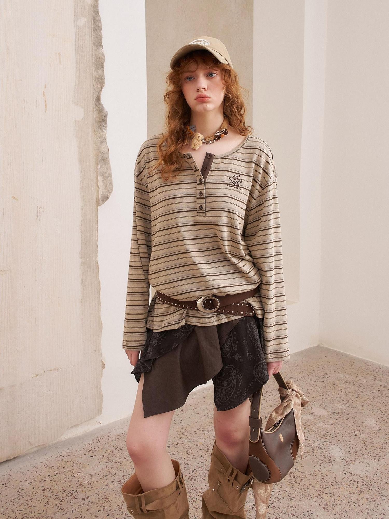 DIDDI MODA Retro Brown Striped Embroidered Loose Women&