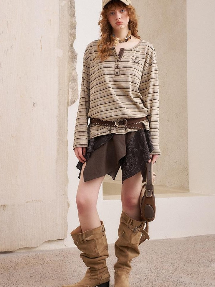 DIDDI MODA Retro Brown Striped Embroidered Loose Women&