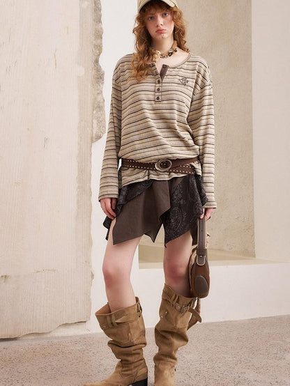 DIDDI MODA Retro Brown Striped Embroidered Loose Women&