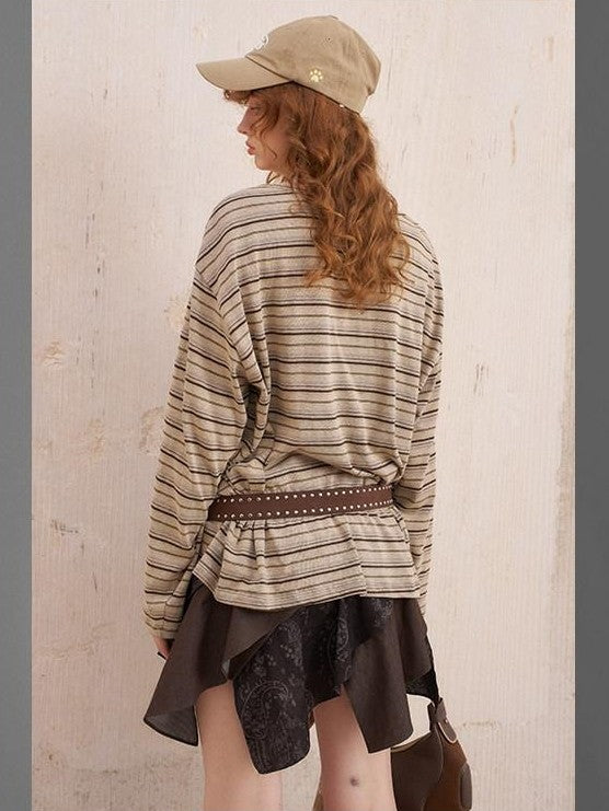 DIDDI MODA Retro Brown Striped Embroidered Loose Women&