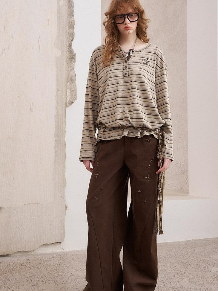 DIDDI MODA Retro Brown Striped Embroidered Loose Women&