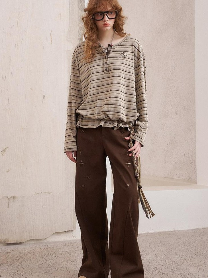DIDDI MODA Retro Brown Striped Embroidered Loose Women&