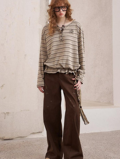 DIDDI MODA Retro Brown Striped Embroidered Loose Women&