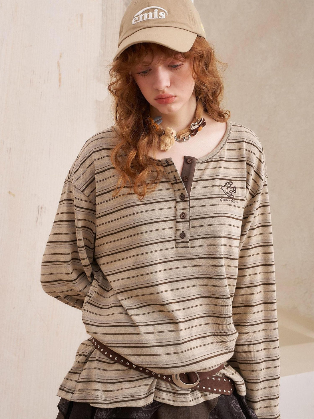 DIDDI MODA Retro Brown Striped Embroidered Loose Women&
