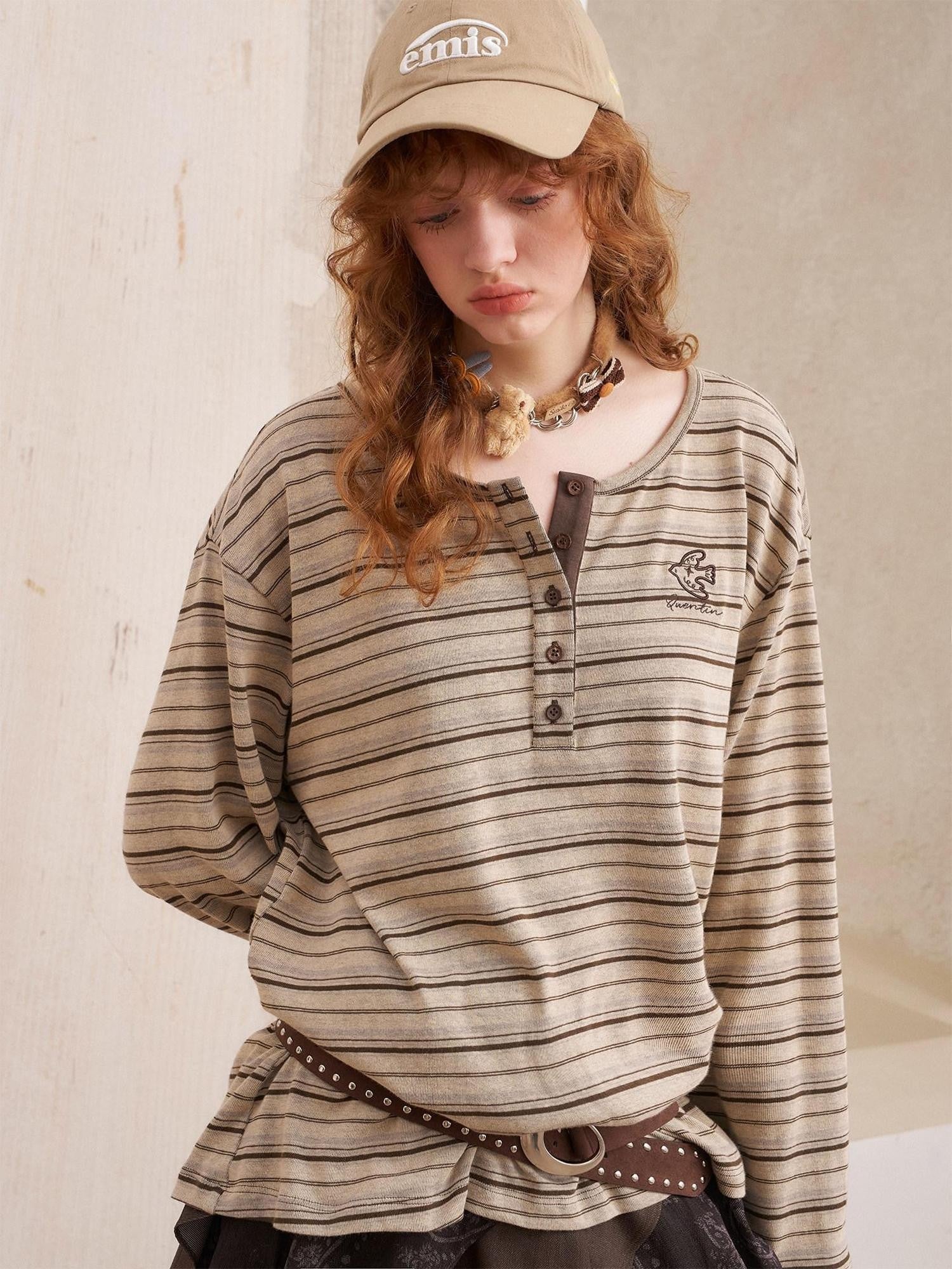 DIDDI MODA Retro Brown Striped Embroidered Loose Women&