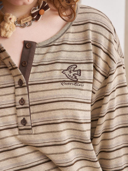 DIDDI MODA Retro Brown Striped Embroidered Loose Women&