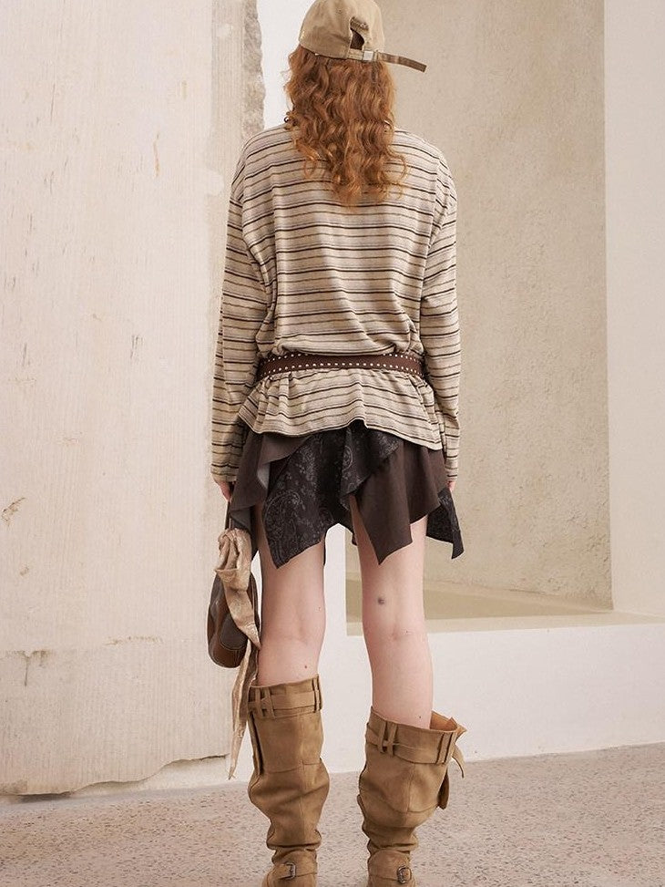 DIDDI MODA Retro Brown Striped Embroidered Loose Women&