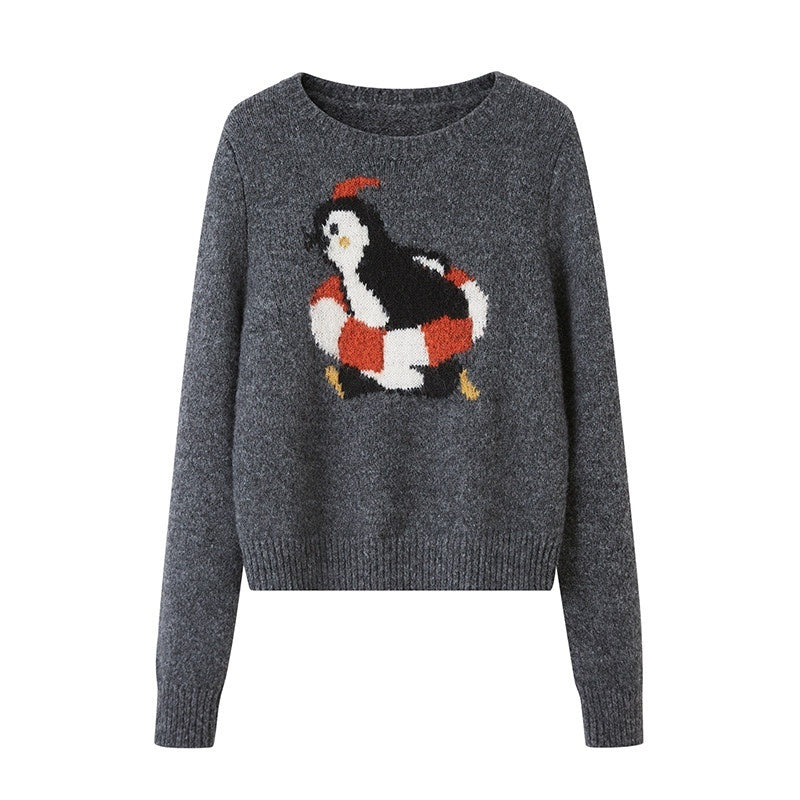 DIDDI_MODA_Retro_Penguin_Jacquard_Knitted_Round_Neck_Women&