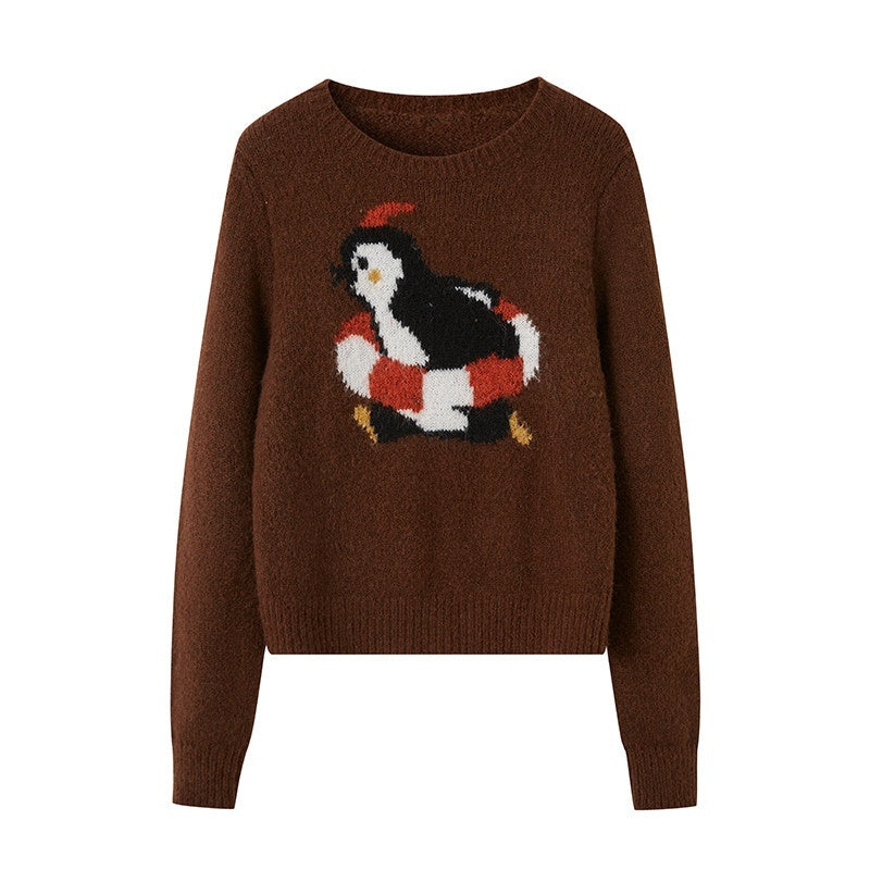 DIDDI_MODA_Retro_Penguin_Jacquard_Knitted_Round_Neck_Women&