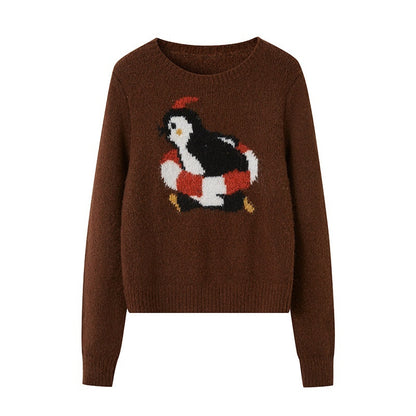 DIDDI_MODA_Retro_Penguin_Jacquard_Knitted_Round_Neck_Women&