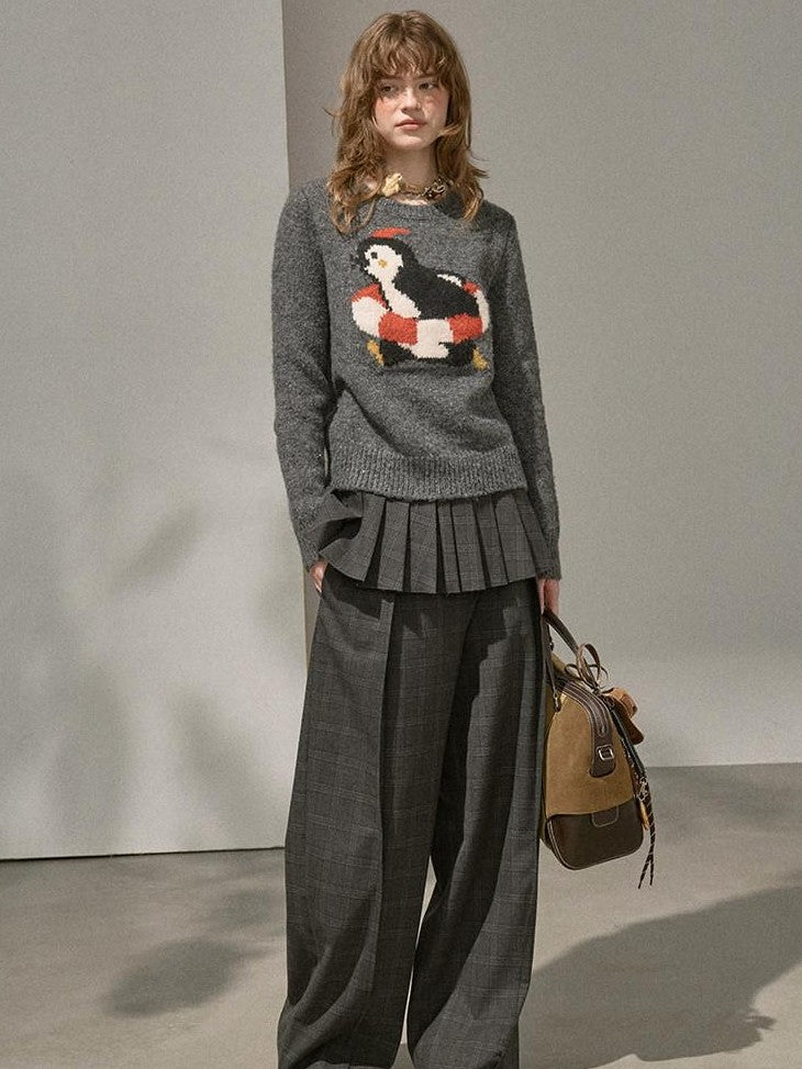 DIDDI MODA Retro Penguin Jacquard Knitted Round Neck Women&