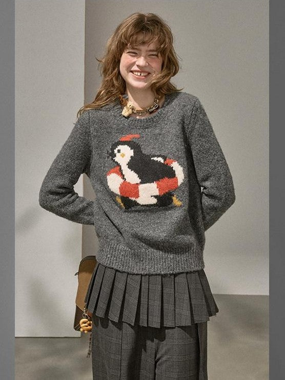 DIDDI MODA Retro Penguin Jacquard Knitted Round Neck Women&