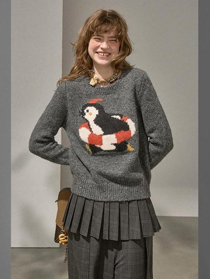DIDDI MODA Retro Penguin Jacquard Knitted Round Neck Women&
