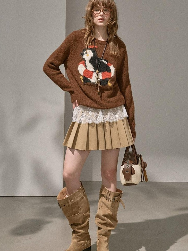 DIDDI MODA Retro Penguin Jacquard Knitted Round Neck Women&