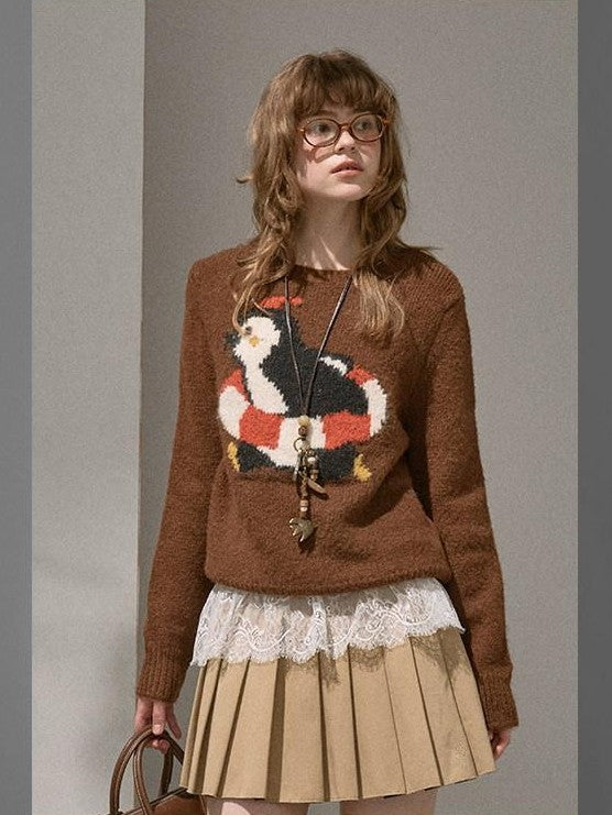 DIDDI MODA Retro Penguin Jacquard Knitted Round Neck Women&
