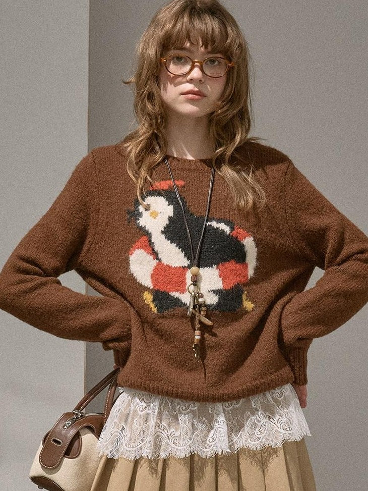 DIDDI MODA Retro Penguin Jacquard Knitted Round Neck Women&
