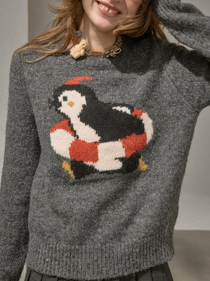 DIDDI MODA Retro Penguin Jacquard Knitted Round Neck Women&