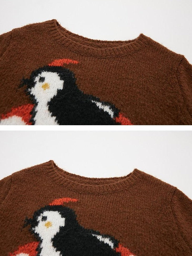 DIDDI MODA Retro Penguin Jacquard Knitted Round Neck Women&