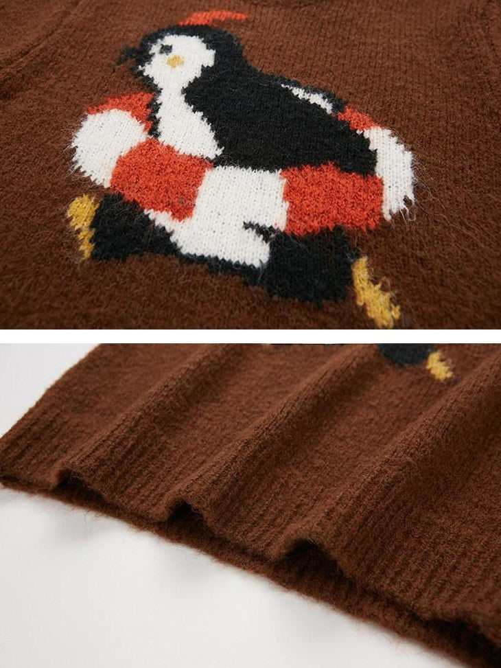 DIDDI MODA Retro Penguin Jacquard Knitted Round Neck Women&