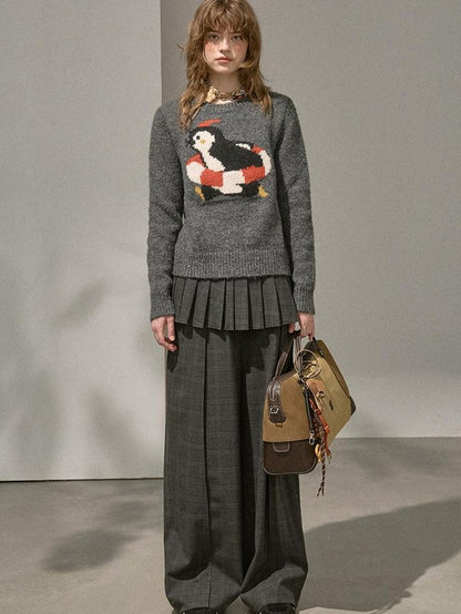 DIDDI MODA Retro Penguin Jacquard Knitted Round Neck Women&