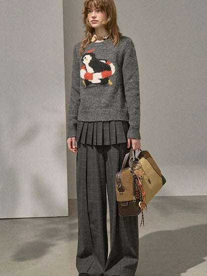 DIDDI MODA Retro Penguin Jacquard Knitted Round Neck Women&