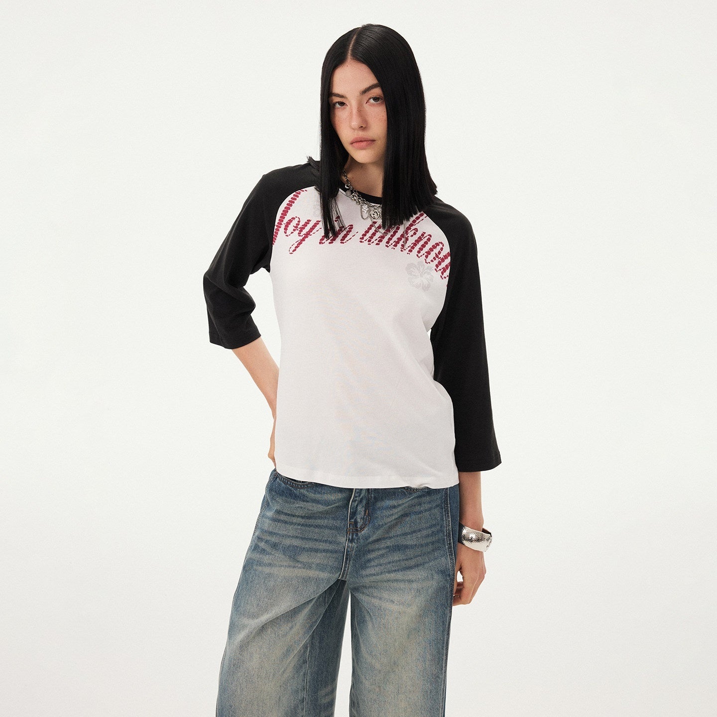 DIDDI_MODA_Retro_Slogan_Print_Colorblock_Raglan_Boxy_Women&