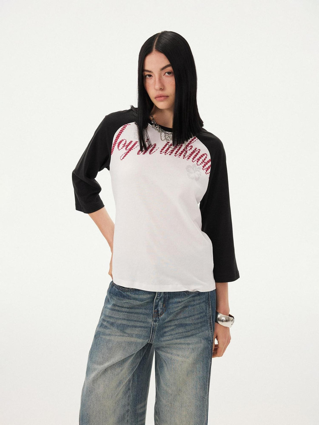 DIDDI MODA Retro Slogan Print Colorblock Raglan Boxy Women&
