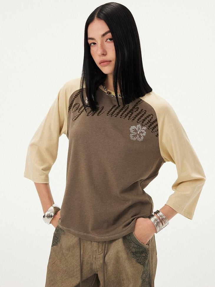 DIDDI MODA Retro Slogan Print Colorblock Raglan Boxy Women&