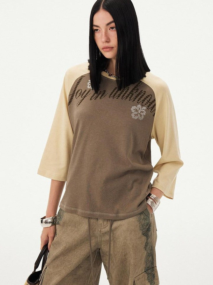 DIDDI MODA Retro Slogan Print Colorblock Raglan Boxy Women&