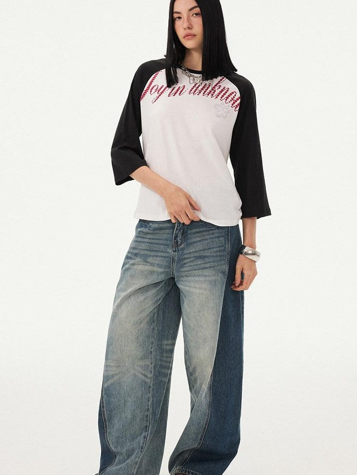 DIDDI MODA Retro Slogan Print Colorblock Raglan Boxy Women&