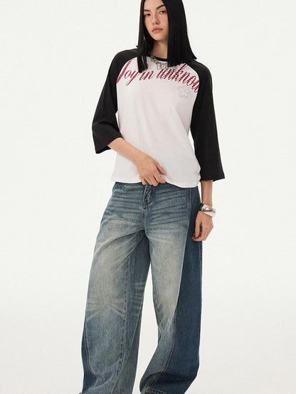DIDDI MODA Retro Slogan Print Colorblock Raglan Boxy Women&