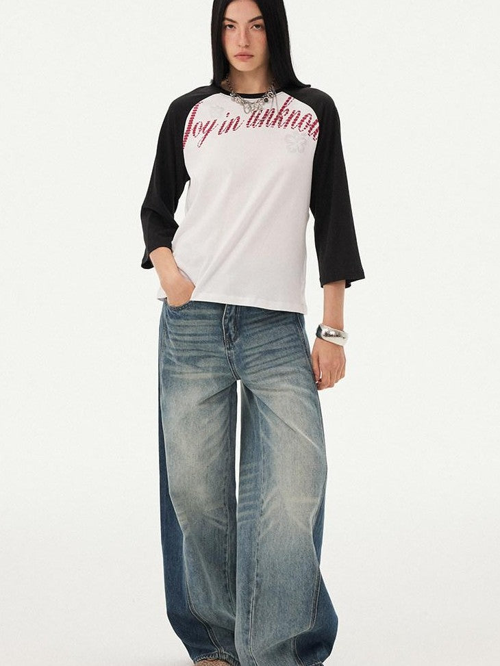 DIDDI MODA Retro Slogan Print Colorblock Raglan Boxy Women&