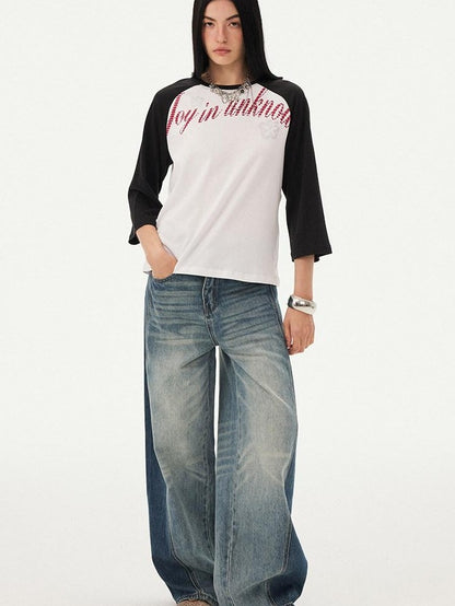 DIDDI MODA Retro Slogan Print Colorblock Raglan Boxy Women&