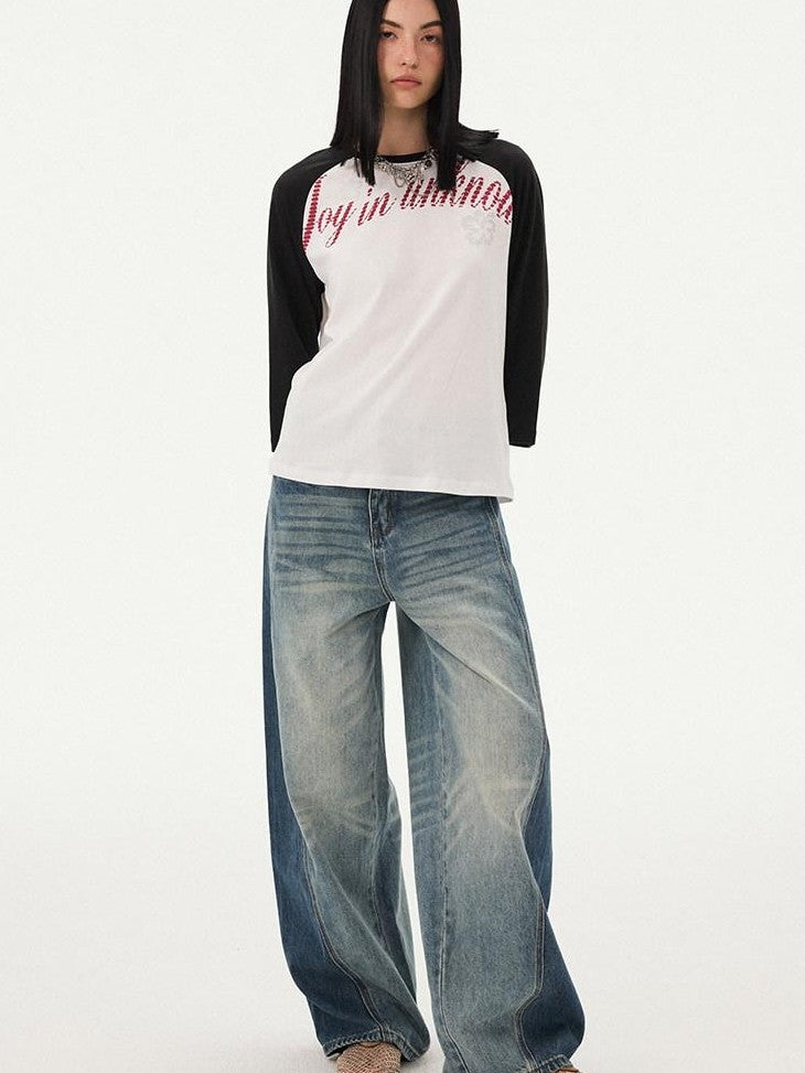 DIDDI MODA Retro Slogan Print Colorblock Raglan Boxy Women&