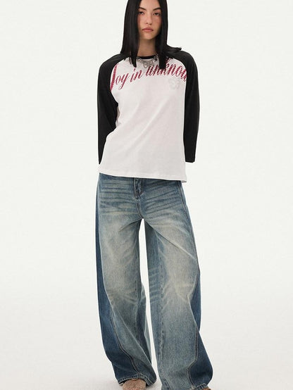DIDDI MODA Retro Slogan Print Colorblock Raglan Boxy Women&