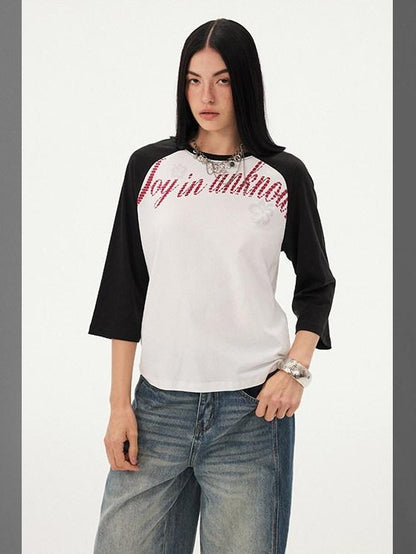 DIDDI MODA Retro Slogan Print Colorblock Raglan Boxy Women&