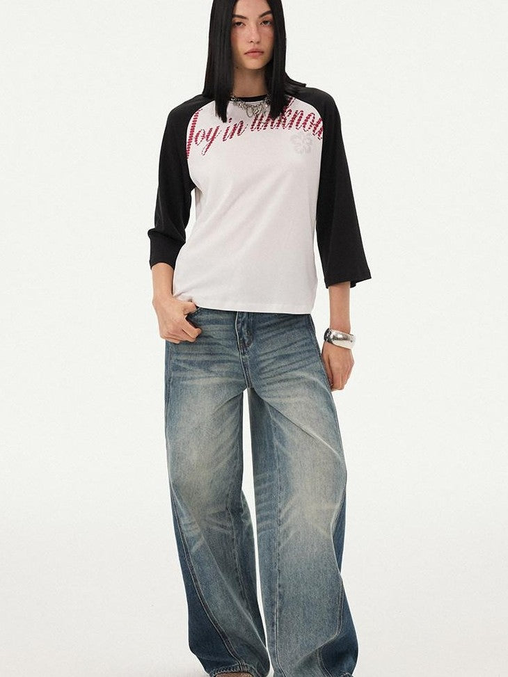 DIDDI MODA Retro Slogan Print Colorblock Raglan Boxy Women&