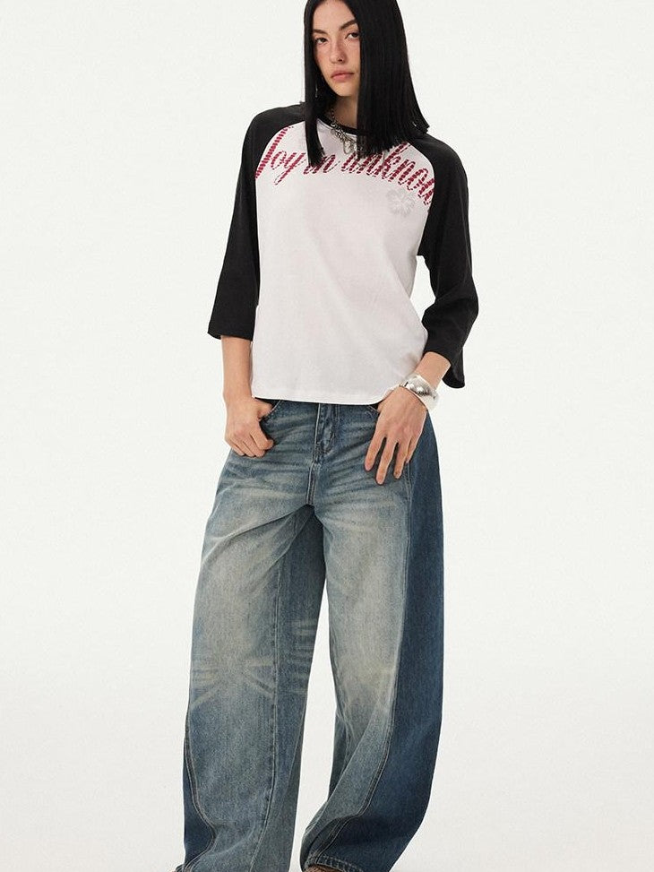 DIDDI MODA Retro Slogan Print Colorblock Raglan Boxy Women&