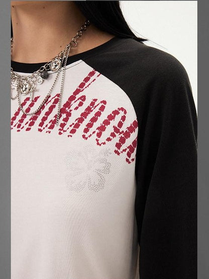 DIDDI MODA Retro Slogan Print Colorblock Raglan Boxy Women&