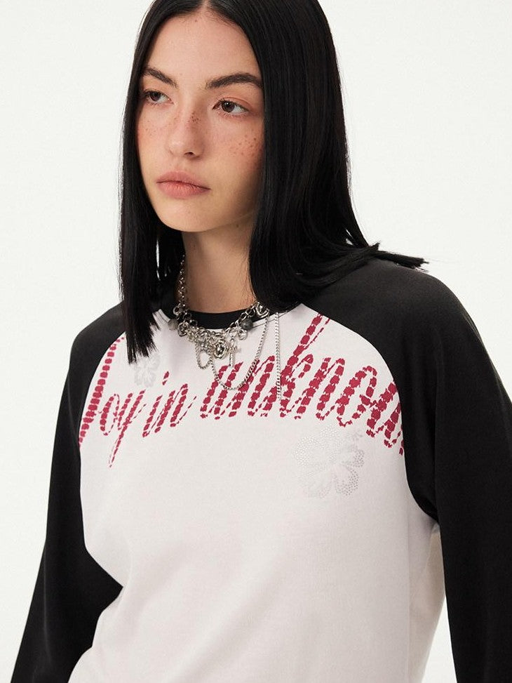 DIDDI MODA Retro Slogan Print Colorblock Raglan Boxy Women&