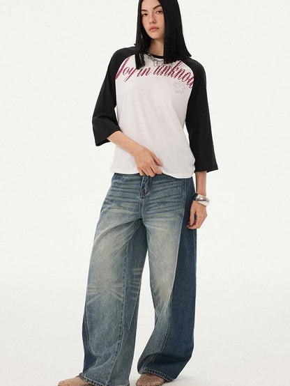 DIDDI MODA Retro Slogan Print Colorblock Raglan Boxy Women&