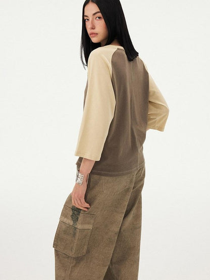 DIDDI MODA Retro Slogan Print Colorblock Raglan Boxy Women&
