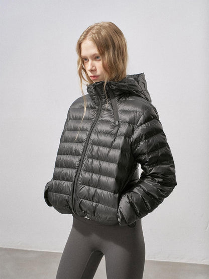 DIDDI MODA Ribbed Quilted Hooded Zipper Short Thin Women&