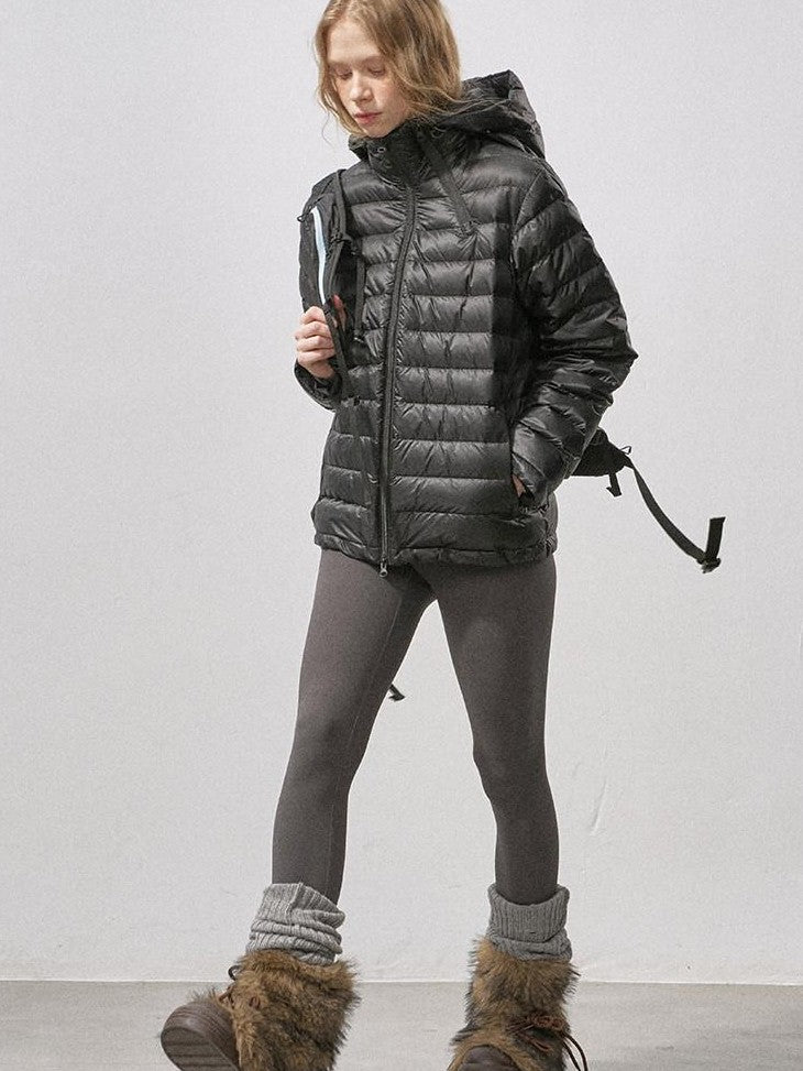 DIDDI MODA Ribbed Quilted Hooded Zipper Short Thin Women&
