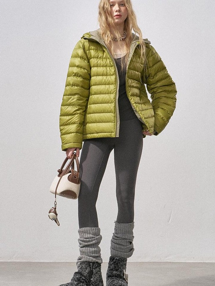 DIDDI MODA Ribbed Quilted Hooded Zipper Short Thin Women&