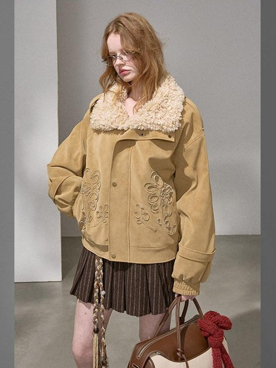 DIDDI MODA Ribbon Embroidery Faux Fur Lapel Padded Boxy Women&