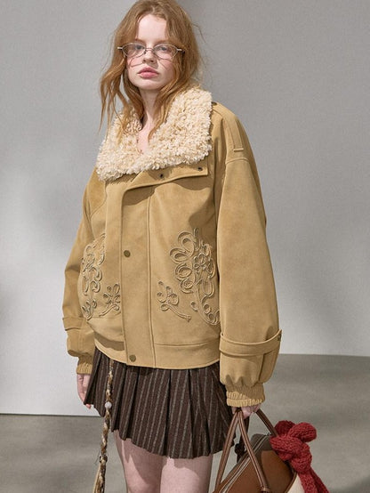 DIDDI MODA Ribbon Embroidery Faux Fur Lapel Padded Boxy Women&