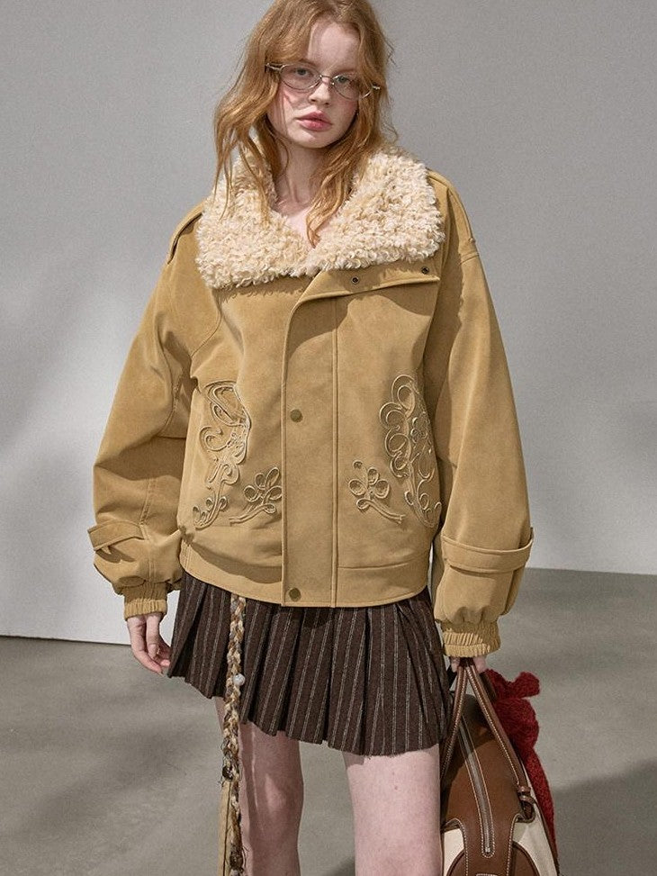 DIDDI MODA Ribbon Embroidery Faux Fur Lapel Padded Boxy Women&