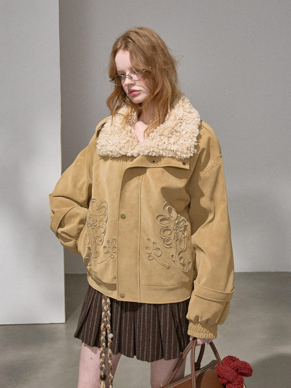 DIDDI MODA Ribbon Embroidery Faux Fur Lapel Padded Boxy Women&